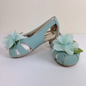 Joyfolie | Flower Embellished Chiffon Tulle Blue Open Toe Ballet Shoes | Girls 6